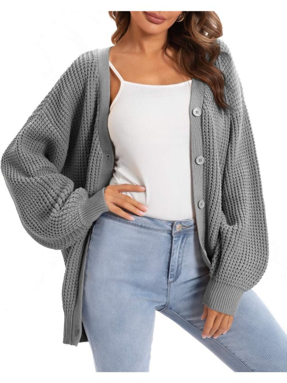 Women's Grey Cotton Knit Cardigan with Lantern Sleeves V Neck Casual Sweater